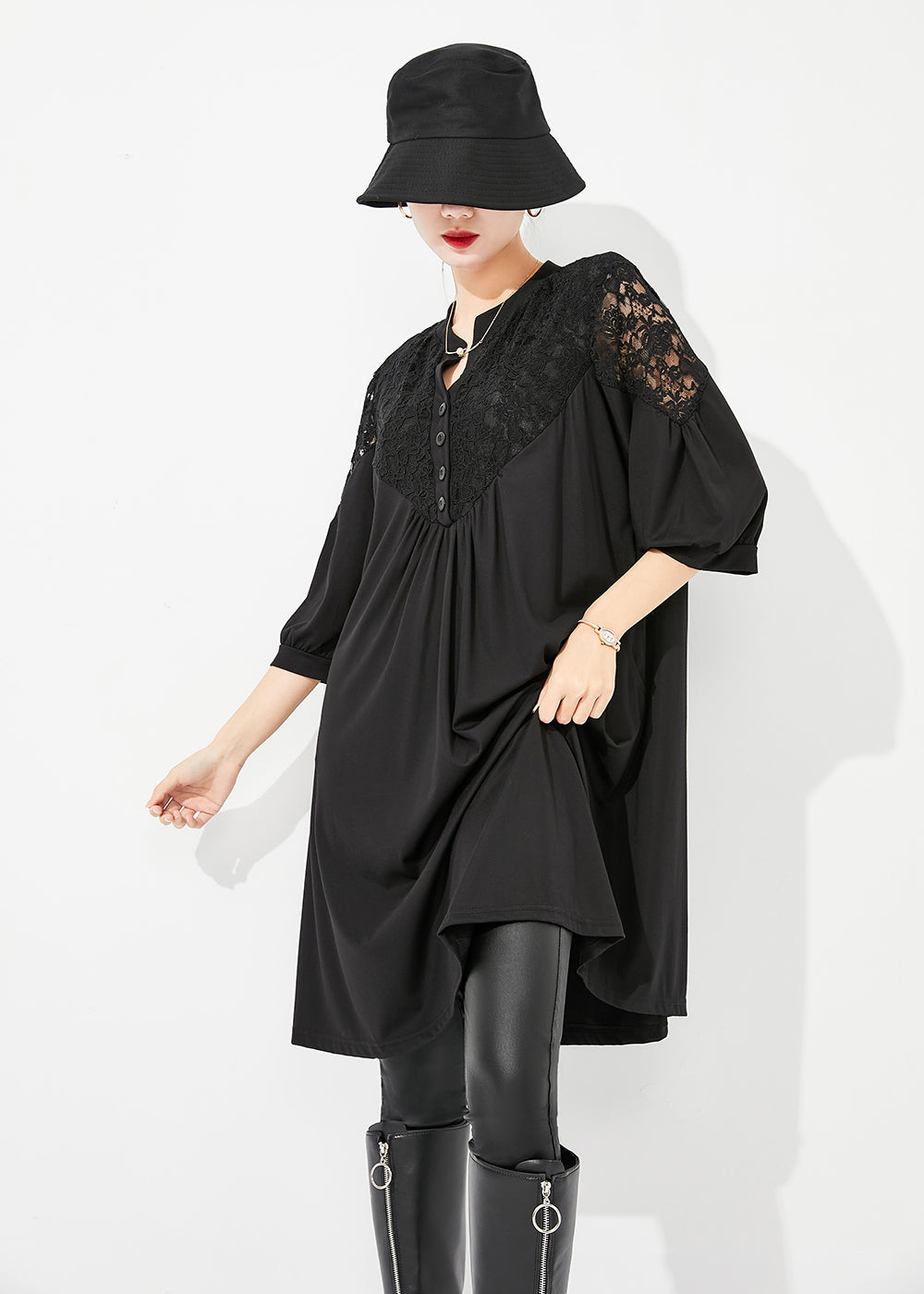 Art Black Lace Patchwork Hollow Out Wrinkled Cotton Dress Half Sleeve LY0879 - fabuloryshop