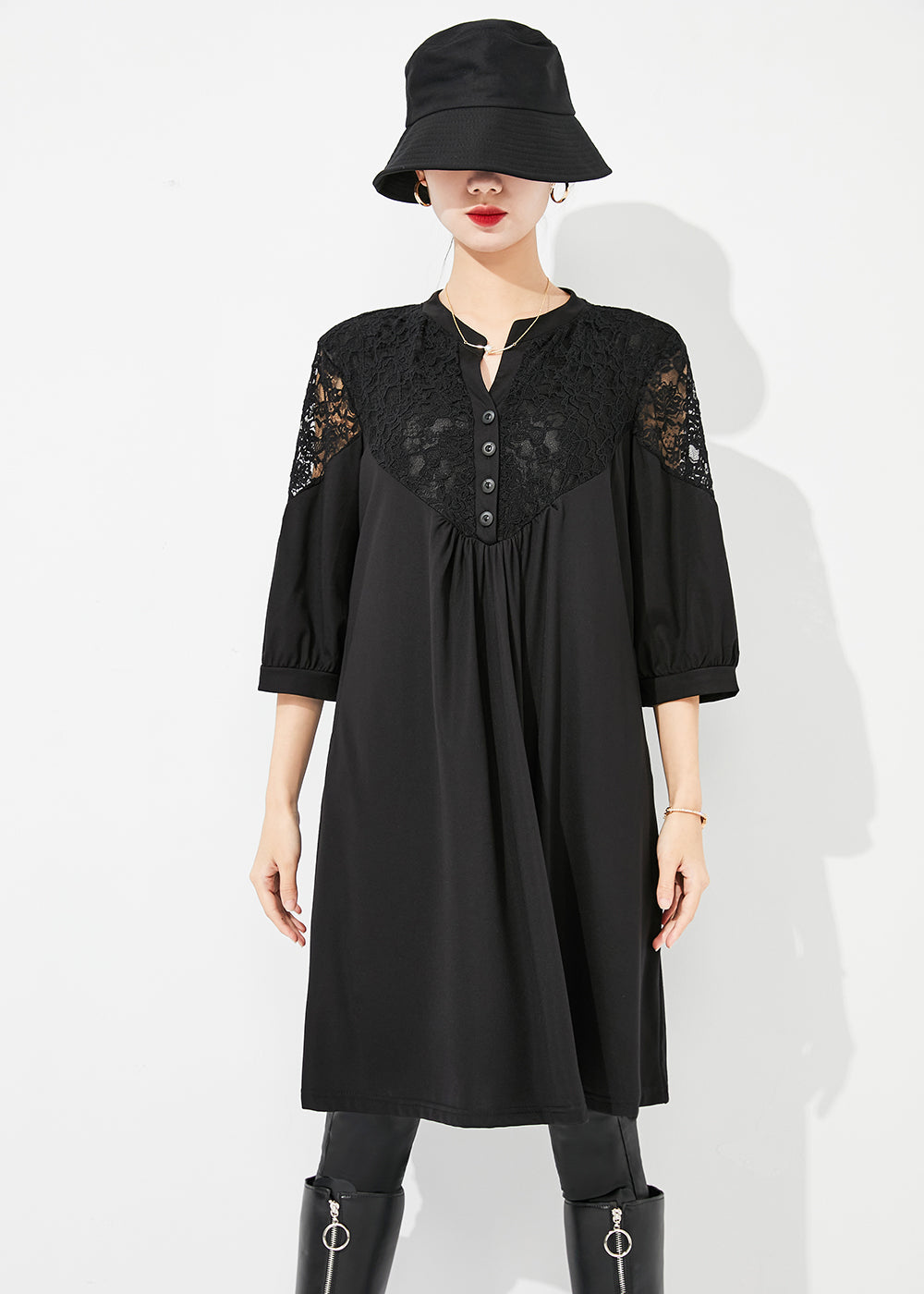 Art Black Lace Patchwork Hollow Out Wrinkled Cotton Dress Half Sleeve LY0879 - fabuloryshop