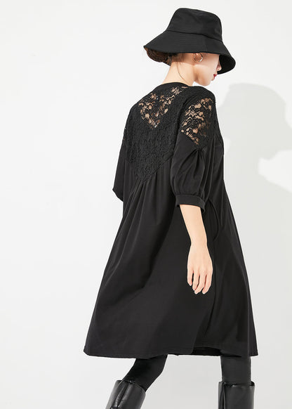 Art Black Lace Patchwork Hollow Out Wrinkled Cotton Dress Half Sleeve LY0879 - fabuloryshop