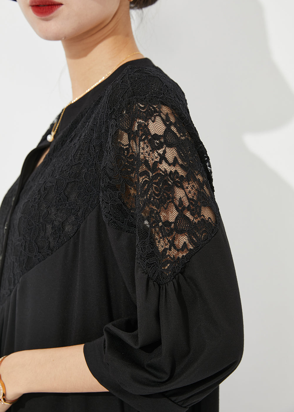 Art Black Lace Patchwork Hollow Out Wrinkled Cotton Dress Half Sleeve LY0879 - fabuloryshop