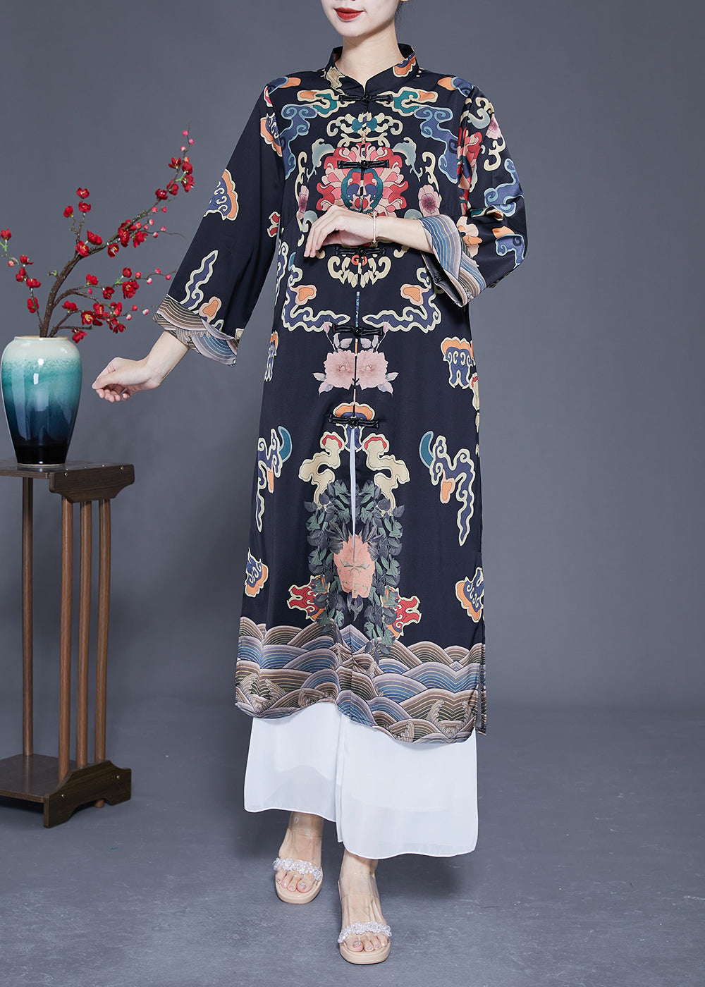 Art Black Mandarin Collar Chinese Button Print Silk Trench Coats Spring LY1773 - fabuloryshop