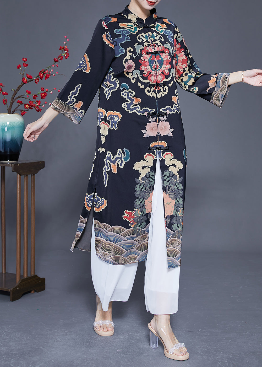 Art Black Mandarin Collar Chinese Button Print Silk Trench Coats Spring LY1773 - fabuloryshop