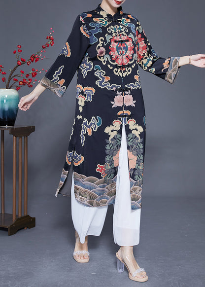 Art Black Mandarin Collar Chinese Button Print Silk Trench Coats Spring LY1773 - fabuloryshop