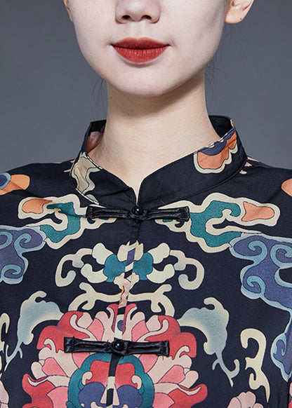 Art Black Mandarin Collar Chinese Button Print Silk Trench Coats Spring LY1773 - fabuloryshop