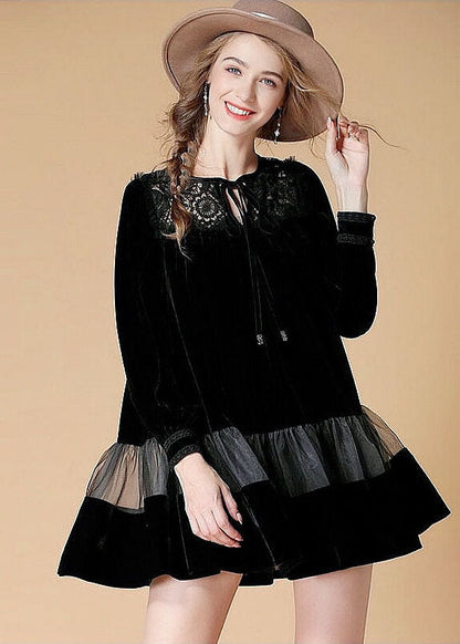 Art Black O Neck Embroideried Patchwork Velour Dresses Spring LY0029 - fabuloryshop