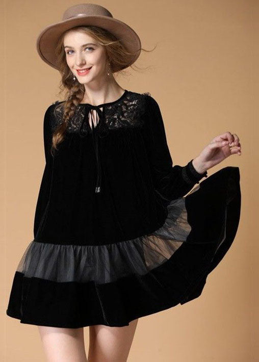 Art Black O Neck Embroideried Patchwork Velour Dresses Spring LY0029 - fabuloryshop