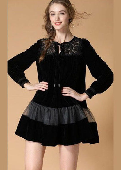 Art Black O Neck Embroideried Patchwork Velour Dresses Spring LY0029 - fabuloryshop