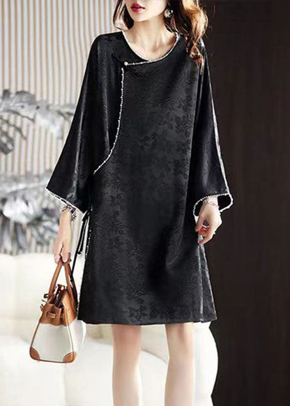 Art Black O-Neck Nail Bead Silk Mid Dress Long Sleeve Ada Fashion