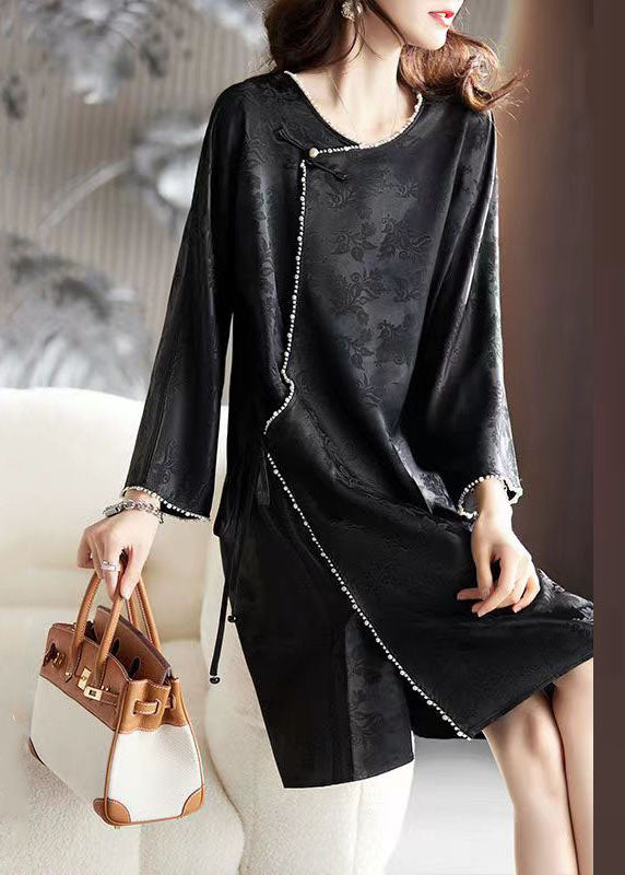 Art Black O-Neck Nail Bead Silk Mid Dress Long Sleeve Ada Fashion