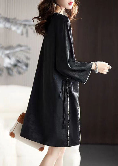 Art Black O-Neck Nail Bead Silk Mid Dress Long Sleeve Ada Fashion