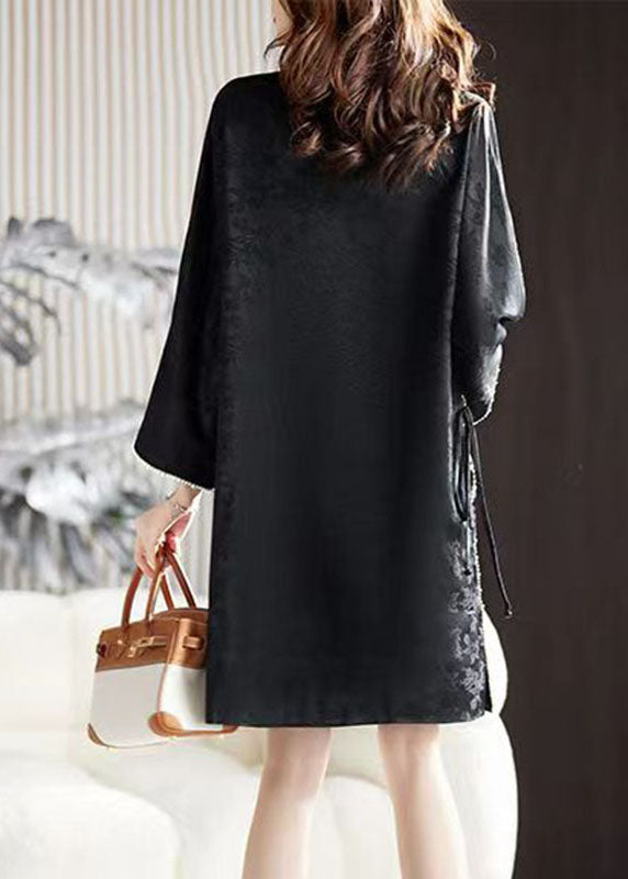 Art Black O-Neck Nail Bead Silk Mid Dress Long Sleeve Ada Fashion