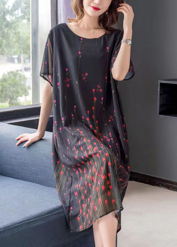 Art Black O Neck Print Patchwork Chiffon Mid Dress Summer Ada Fashion