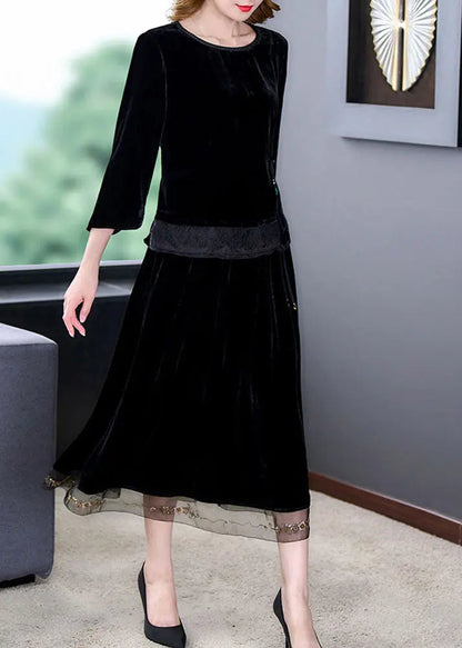 Art Black O-Neck Tulle Patchwork Silk Velour Top And Maxi Skirts Two Pieces Set Long Sleeve Ada Fashion