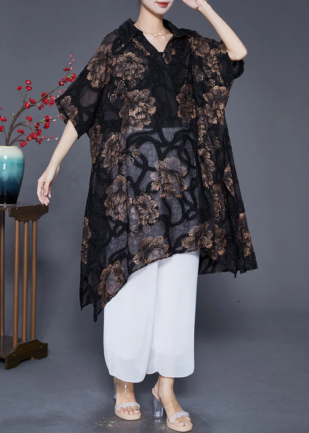 Art Black Oversized Asymmetrical Print Silk Long Smock Summer Ada Fashion