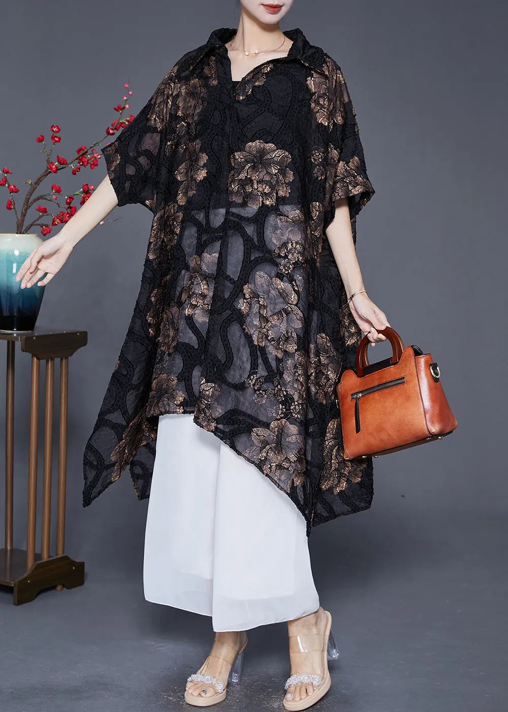 Art Black Oversized Asymmetrical Print Silk Long Smock Summer Ada Fashion