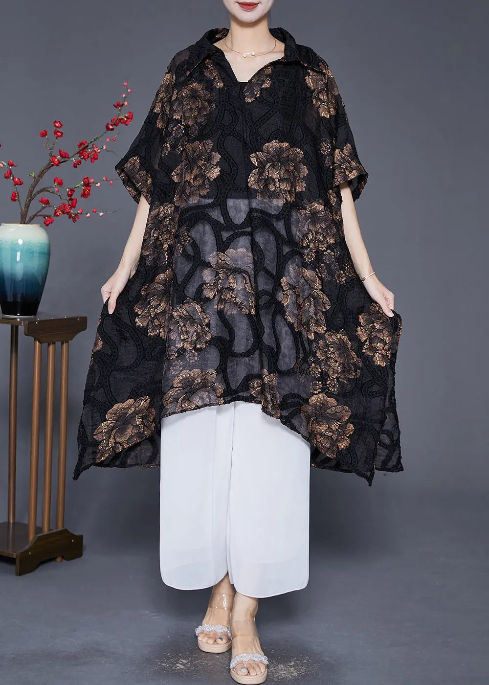 Art Black Oversized Asymmetrical Print Silk Long Smock Summer Ada Fashion