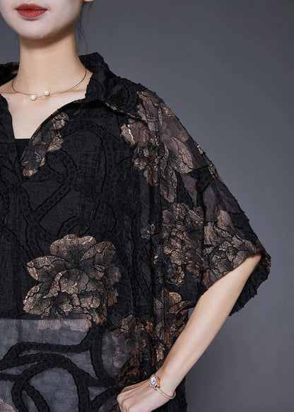 Art Black Oversized Asymmetrical Print Silk Long Smock Summer Ada Fashion