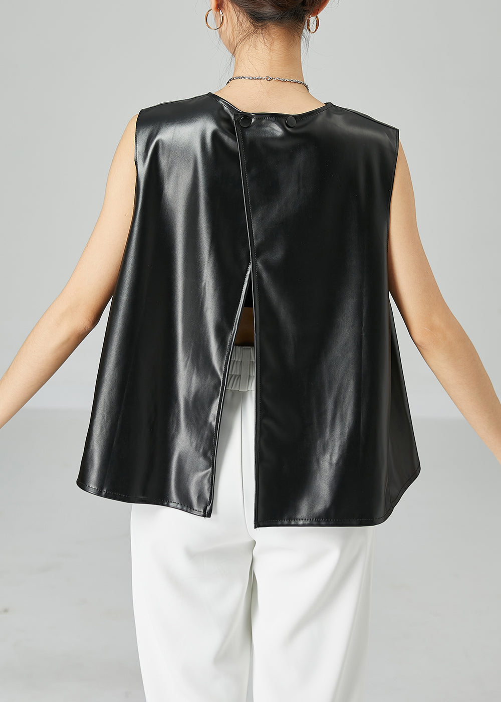 Art Black Oversized Cinched Side Open Sheepskin Vests Sleeveless LY2430