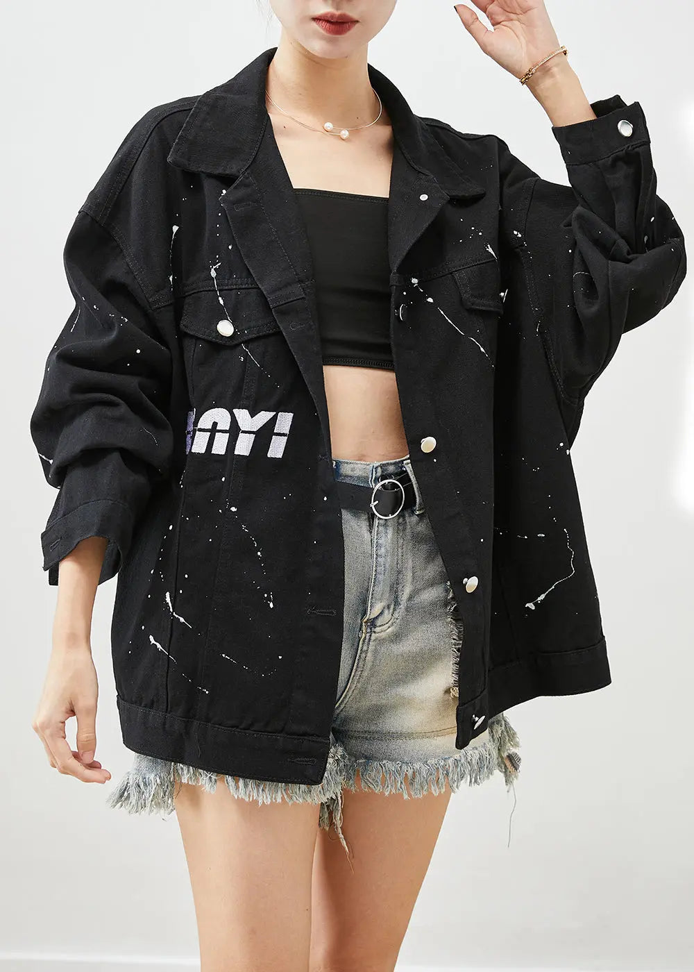 Art Black Oversized Letter Print Denim Jackets Fall Ada Fashion