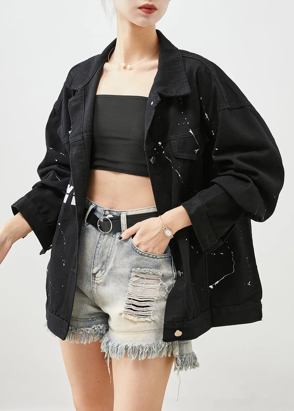 Art Black Oversized Letter Print Denim Jackets Fall Ada Fashion