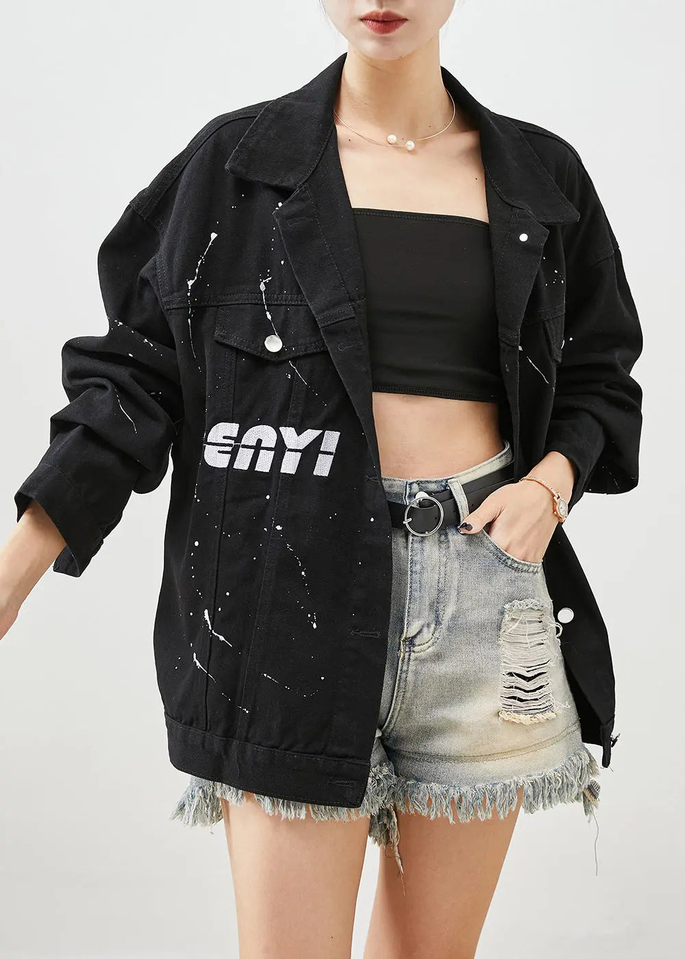 Art Black Oversized Letter Print Denim Jackets Fall Ada Fashion