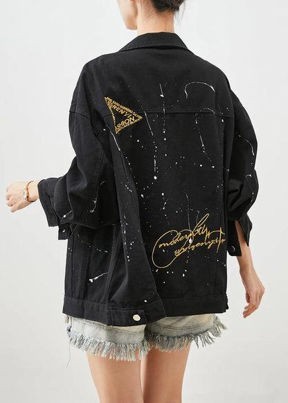 Art Black Oversized Letter Print Denim Jackets Fall Ada Fashion