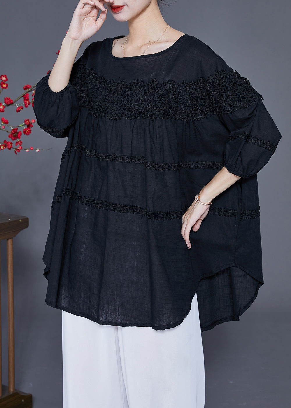 Art Black Oversized Patchwork Lace Linen Top Bracelet Sleeve LY2398 - fabuloryshop