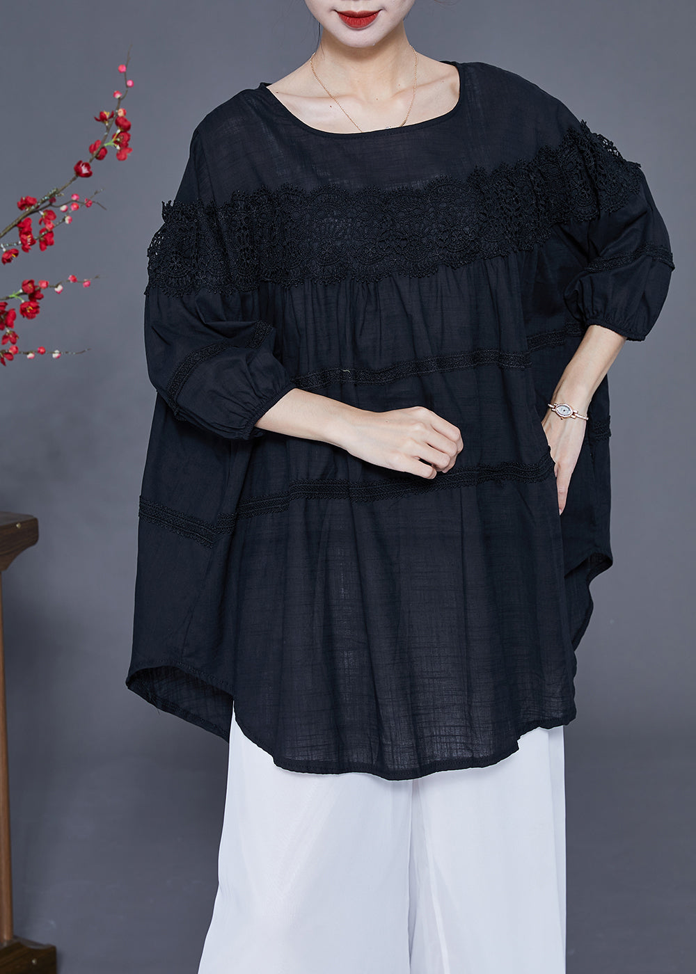 Art Black Oversized Patchwork Lace Linen Top Bracelet Sleeve LY2398 - fabuloryshop