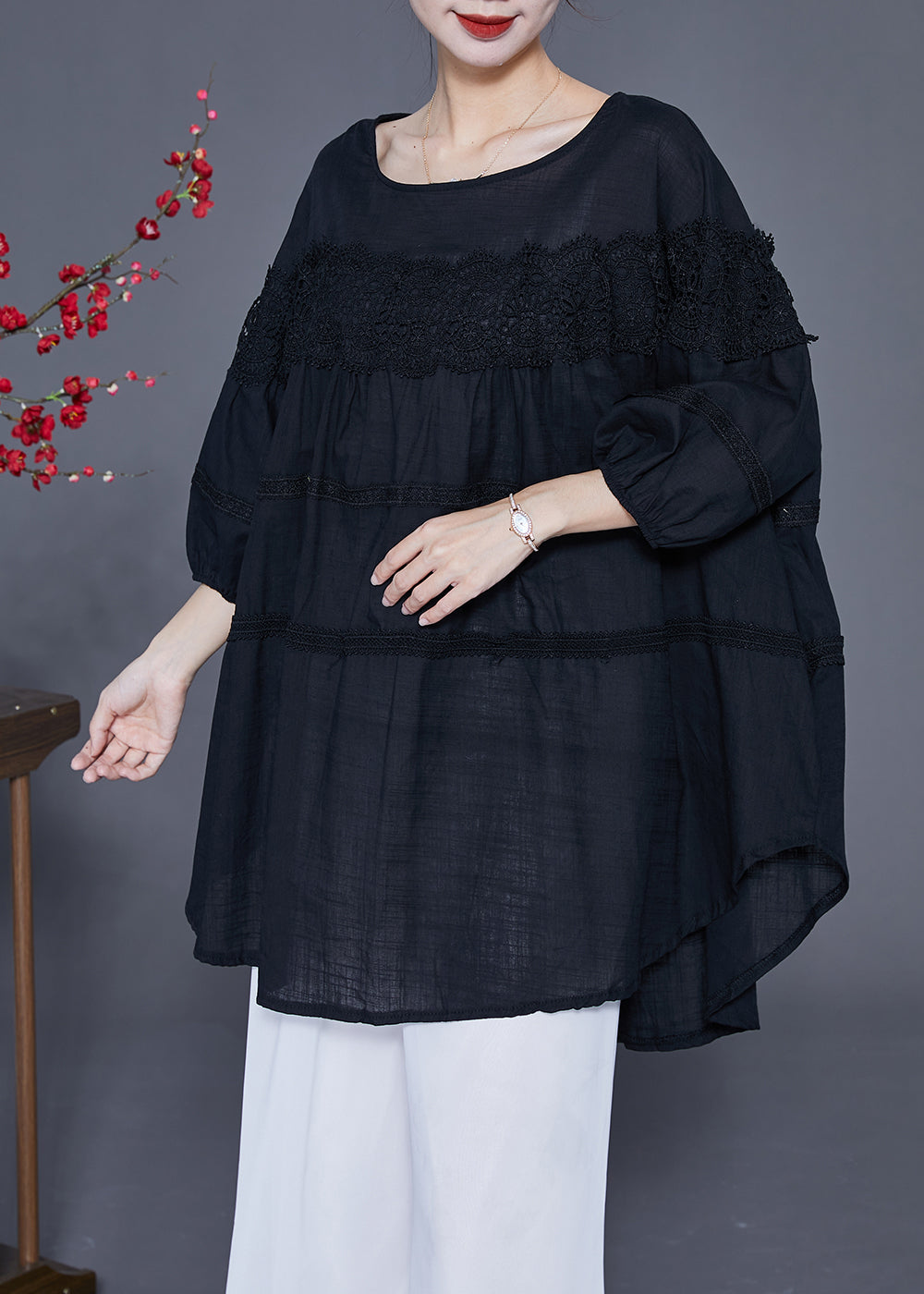 Art Black Oversized Patchwork Lace Linen Top Bracelet Sleeve LY2398 - fabuloryshop