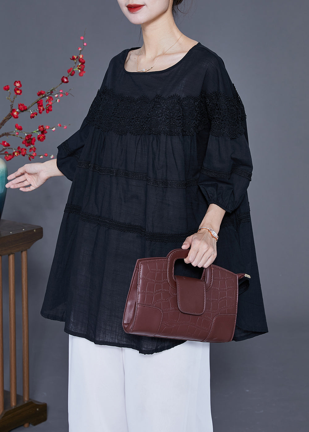 Art Black Oversized Patchwork Lace Linen Top Bracelet Sleeve LY2398 - fabuloryshop