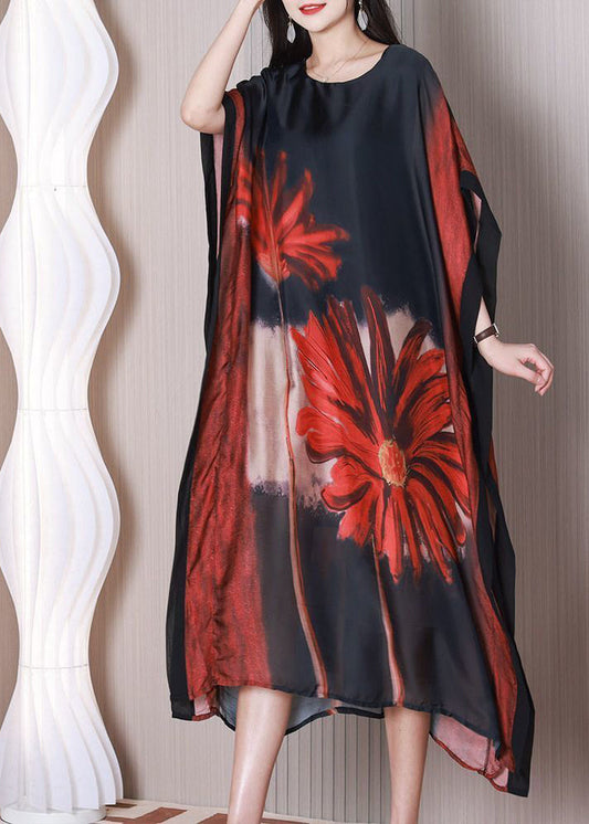 Art Black Oversized Print Silk Maxi Dress Batwing Sleeve LY3773 - fabuloryshop