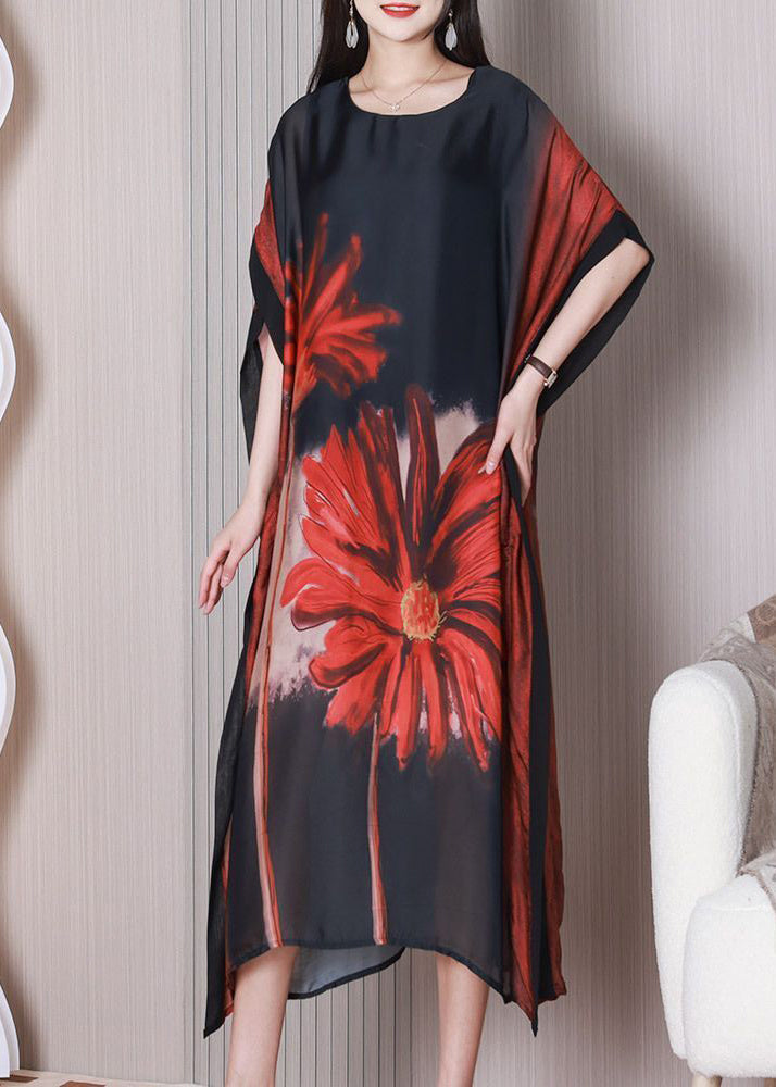 Art Black Oversized Print Silk Maxi Dress Batwing Sleeve LY3773 - fabuloryshop