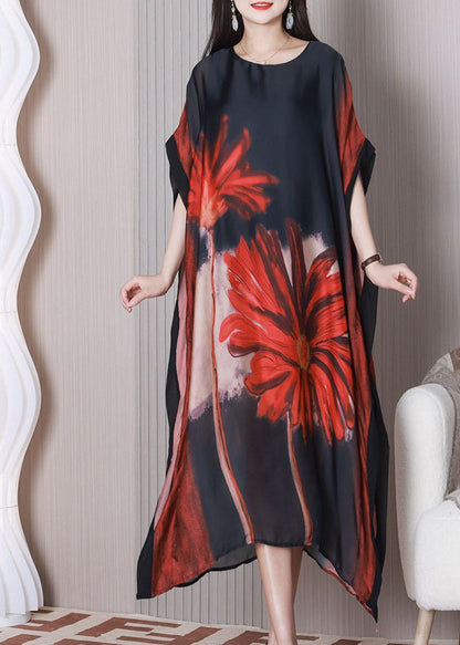 Art Black Oversized Print Silk Maxi Dress Batwing Sleeve LY3773 - fabuloryshop