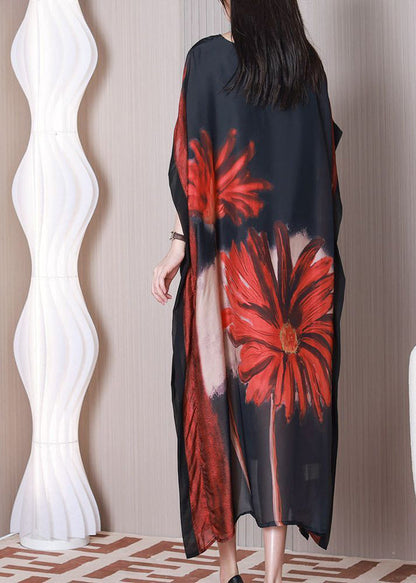 Art Black Oversized Print Silk Maxi Dress Batwing Sleeve LY3773 - fabuloryshop