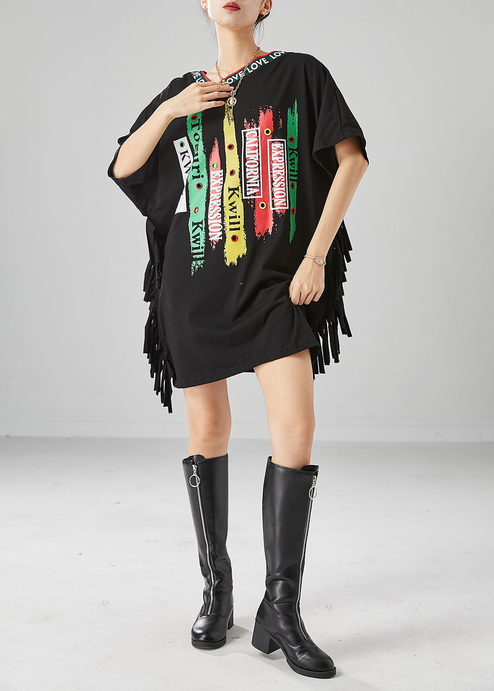 Art Black Oversized Print Tassel Cotton Tanks Batwing Sleeve LY6706 - fabuloryshop