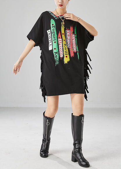 Art Black Oversized Print Tassel Cotton Tanks Batwing Sleeve LY6706 - fabuloryshop