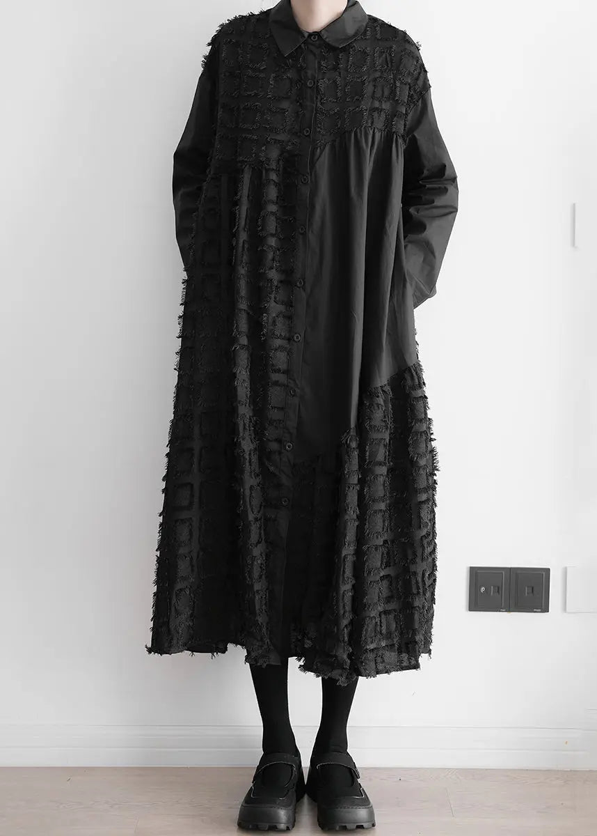 Art Black Patchwork Wrinkled Maxi Shirts Dresses Long Sleeve Ada Fashion