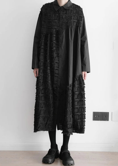 Art Black Patchwork Wrinkled Maxi Shirts Dresses Long Sleeve Ada Fashion