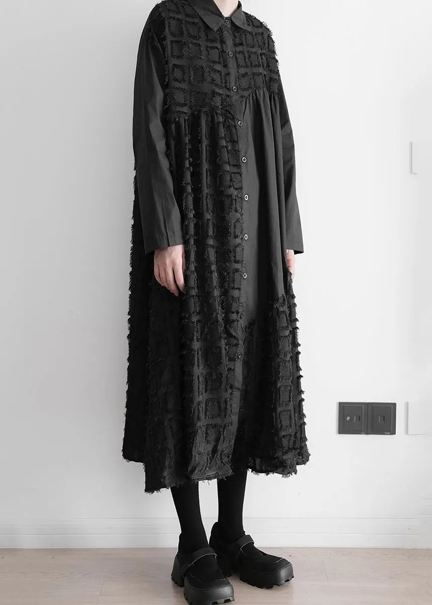 Art Black Patchwork Wrinkled Maxi Shirts Dresses Long Sleeve Ada Fashion