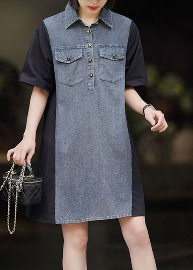 Art Black Peter Pan Collar Denim Patchwork Cotton Dresses Summer LY3828 - fabuloryshop