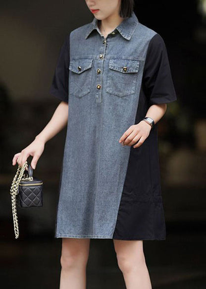 Art Black Peter Pan Collar Denim Patchwork Cotton Dresses Summer LY3828 - fabuloryshop