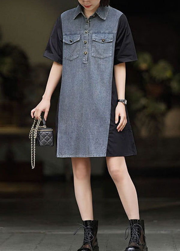 Art Black Peter Pan Collar Denim Patchwork Cotton Dresses Summer LY3828 - fabuloryshop