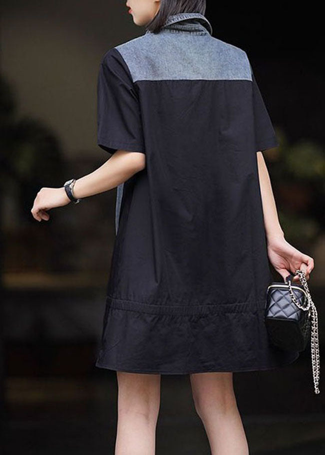 Art Black Peter Pan Collar Denim Patchwork Cotton Dresses Summer LY3828 - fabuloryshop