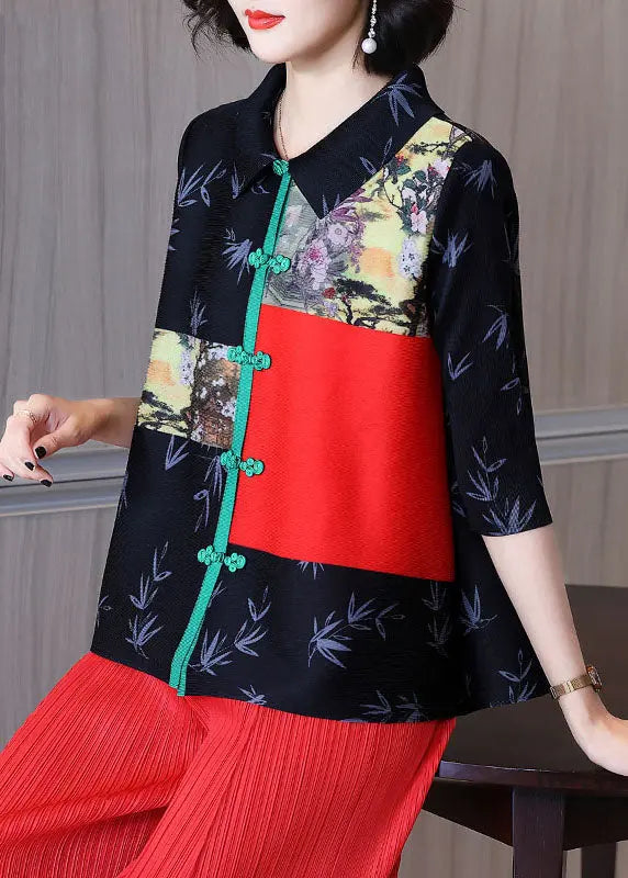 Art Black Peter Pan Collar Print Button Shirt Half Sleeve Ada Fashion