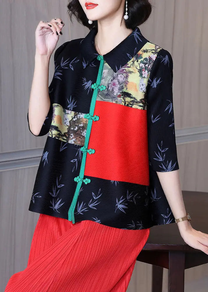 Art Black Peter Pan Collar Print Button Shirt Half Sleeve Ada Fashion