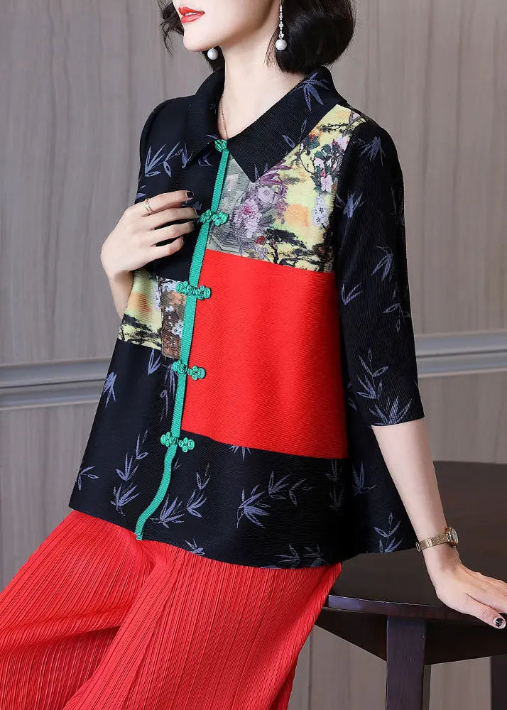 Art Black Peter Pan Collar Print Button Shirt Half Sleeve Ada Fashion