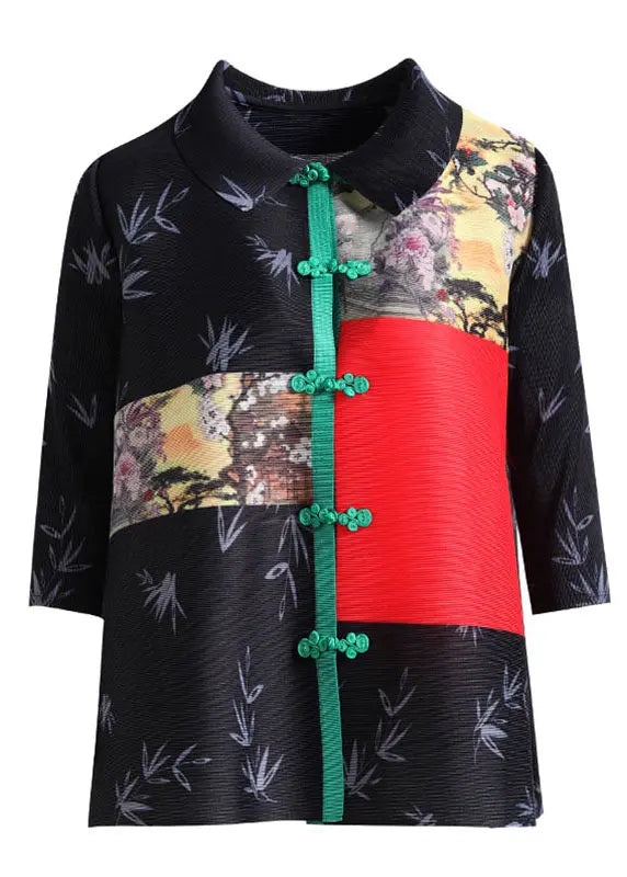 Art Black Peter Pan Collar Print Button Shirt Half Sleeve Ada Fashion