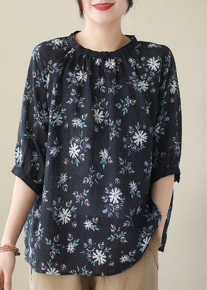 Art Black Print Wrinkled Ramie Shirt Summer LY6987 Ada Fashion