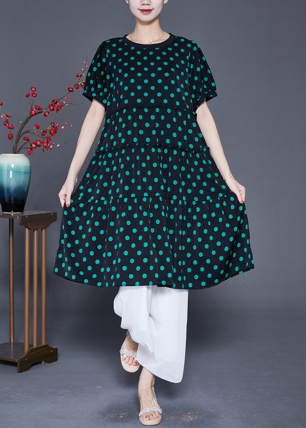 Art Black Ruffled Patchwork Circle Print Chiffon Holiday Dresses Summer Ada Fashion