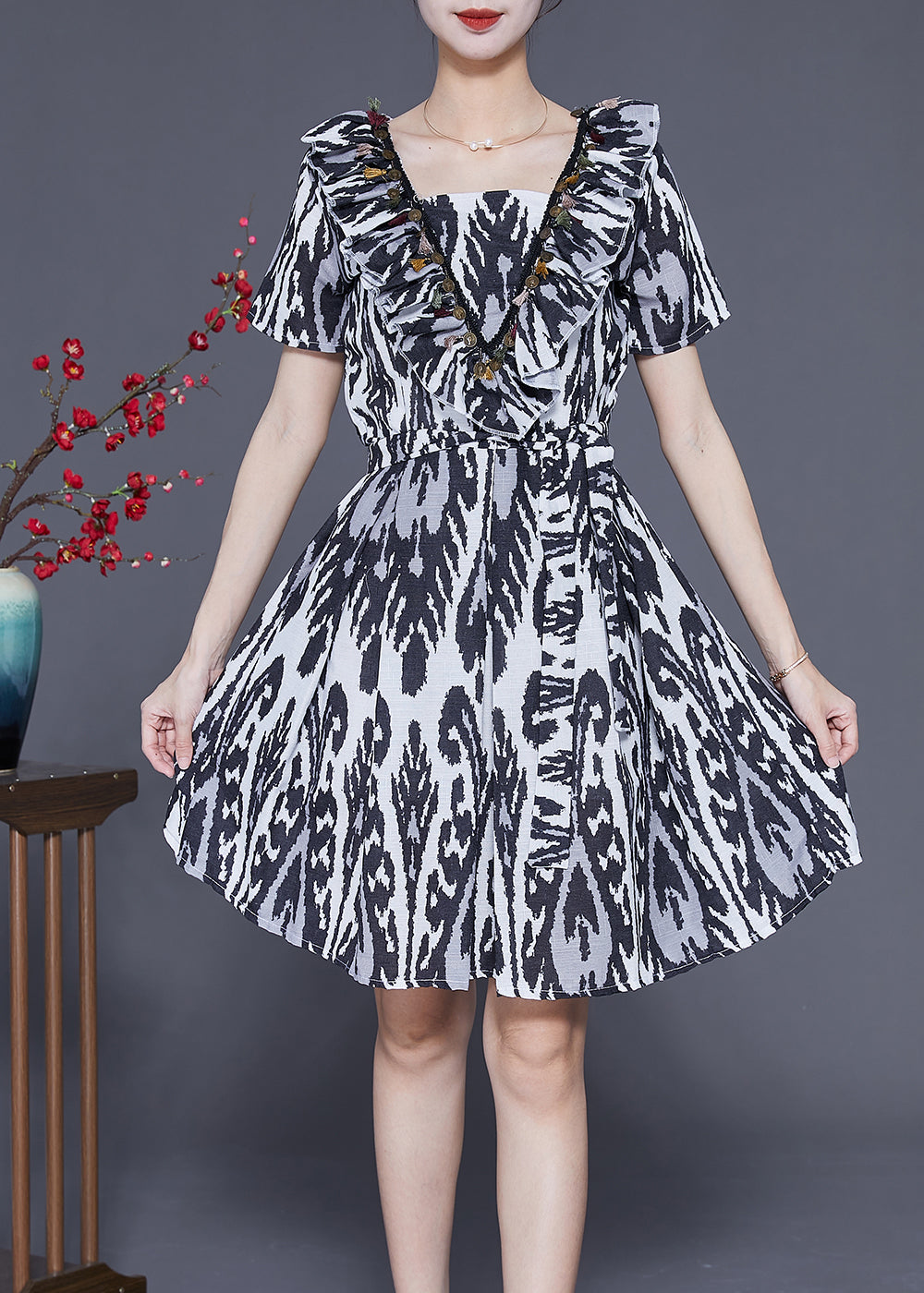 Art Black Ruffled Patchwork Print Linen Dress Summer LY3701 - fabuloryshop